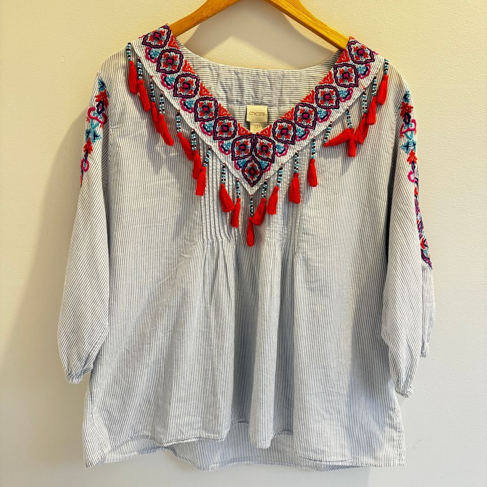 CHICO'S Pinstriped Embroidered Tassel Trim Beaded Peasant Top Size 3P Large Boho - Picture 2 of 11